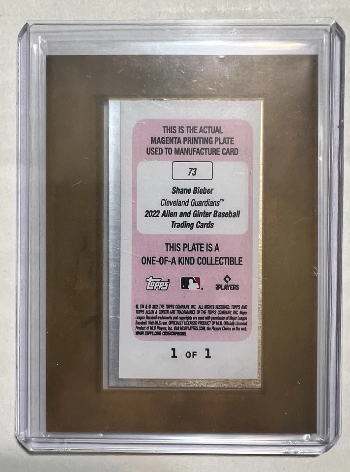 2022 Topps 1/1 Shane Bieber Mini Magenta Printing Plate Allen & Ginter 1 Of 1 - Image 2 of 2