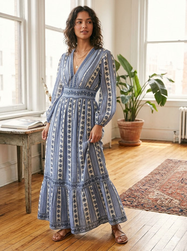 ​NWT Max Studio London Boho Blue Floral Stripe Long Sleeve V-neck Maxi Dress XS