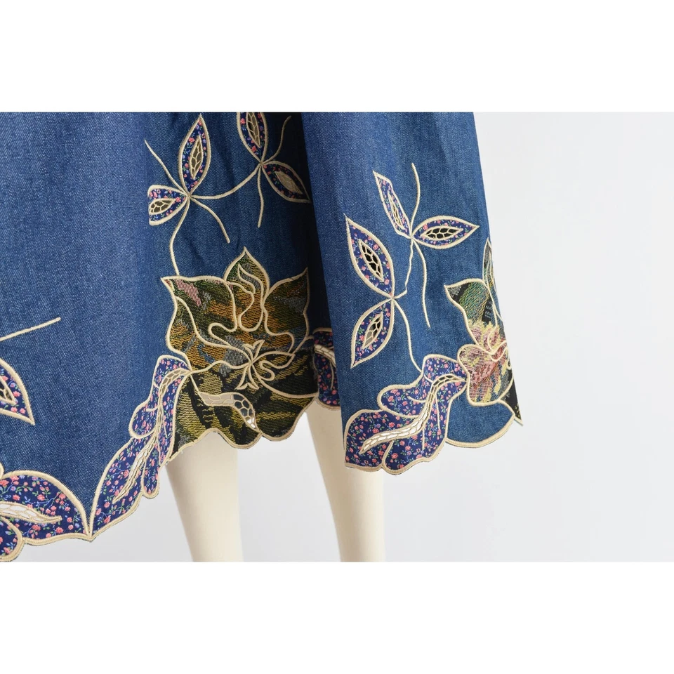 Vestido midi vintage años 80 de mezclilla manga abullonada bordado floral Jean Cottagecore S M Foto 4 de 4