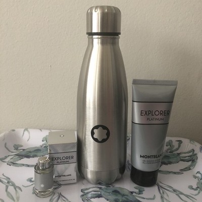 Montblanc Explorer Platinum Shower Gel & Mini Eau Parfum 0.15oz & water bottle 
