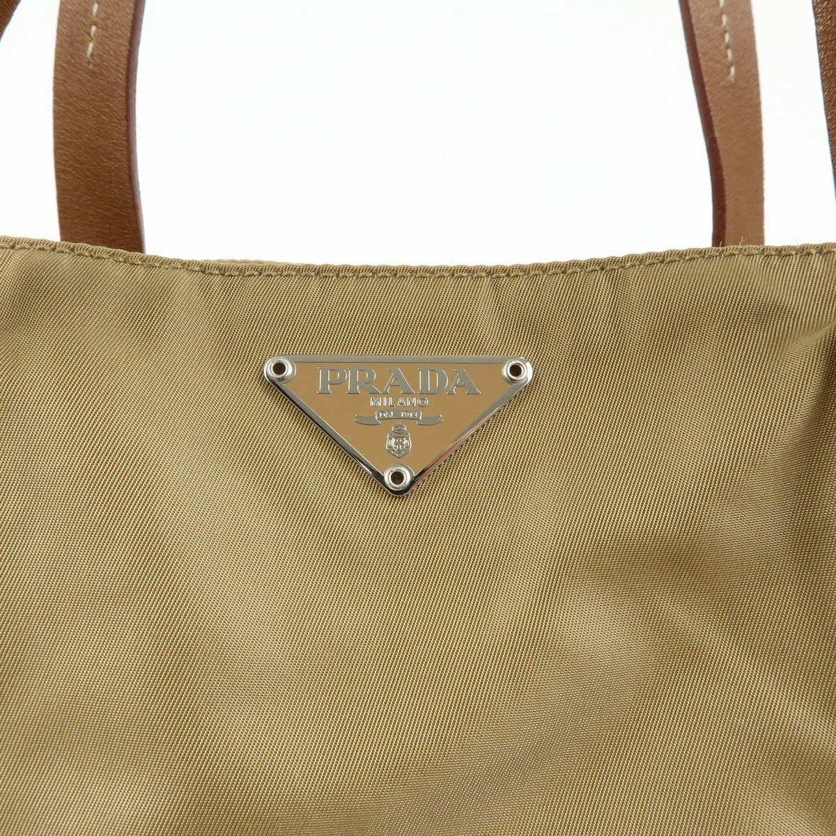 PRADA Triangle Logo Nylon Tote Bag Hand Bag Khaki Beige Brown