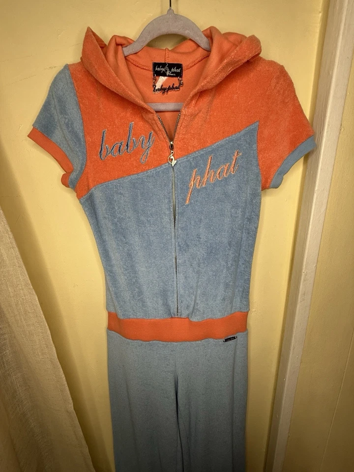Mono Mameluco Y2K Baby Phat Naranja Azul Terry Talla Pequeña Ropa de Calle Raro Foto 3 de 4
