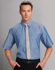 Benchmark Men's Short Sleeve Chambray Blue Corporate Shirts Wash n Wear Design