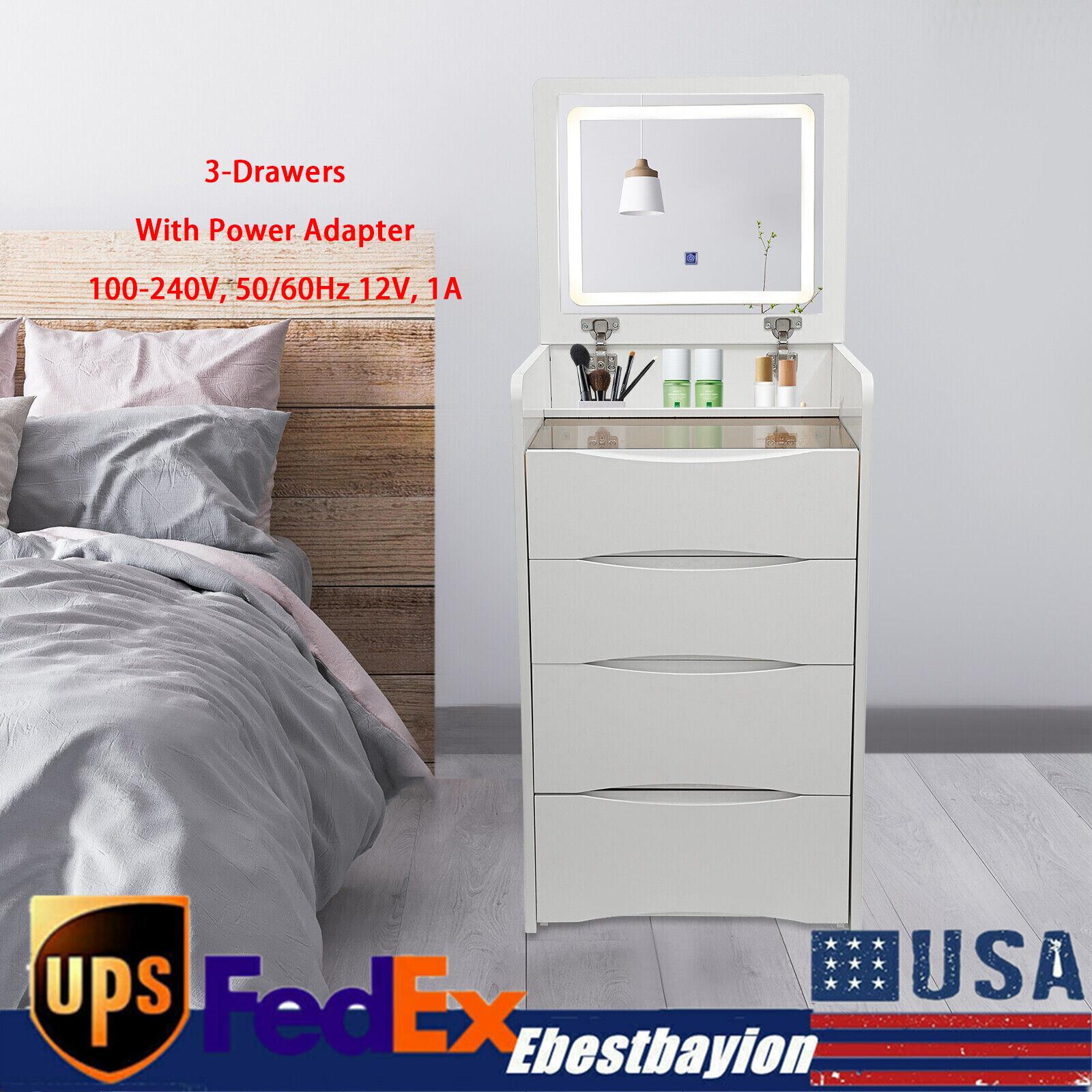 Vanity Desk with Flip Top Lighted Mirror and Stool - Makeup Table with Storage