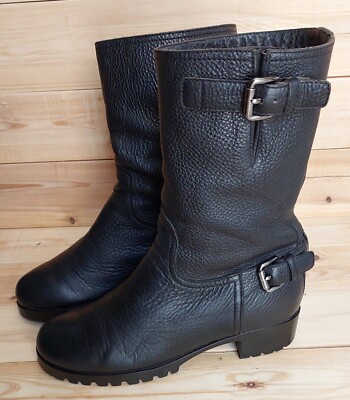 Prada Women's Black Leather Buckle Accent Mid Calf Boots Size 38