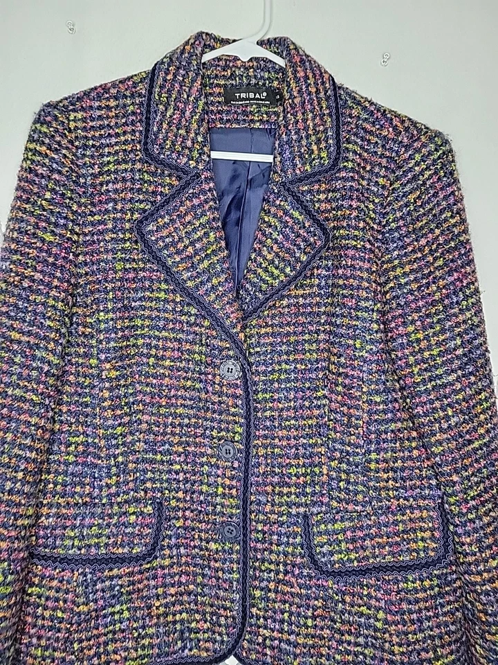 Vtg Tribal Wool Blend Colorful Long Sleeve Tweed Button Up Blazer Women's 12 - Image 2 of 4