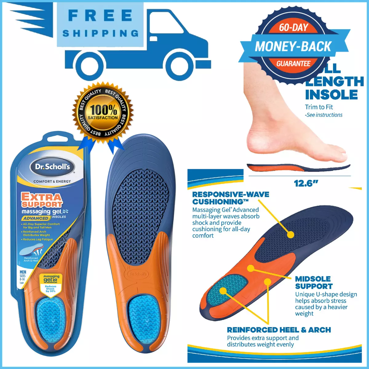 Dr. Scholl's Extra Support Insoles Superior Shock Absorption and Reinforced  Arch Support for Big & Tall Men to Reduce Muscle Fatigue So You Can Stay