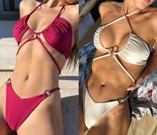 Bikini Solid Neck Hanging High Waist Gathering Bikini Swimsuit Women's Swimsuit