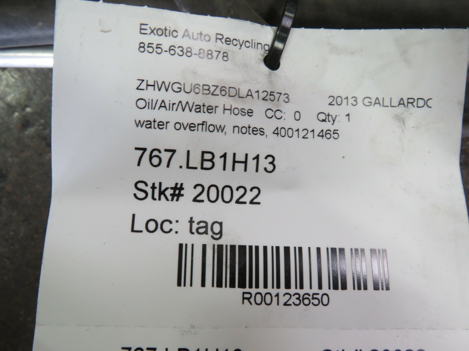 Lamborghini Gallardo LP550,560,570, Coolant Breather Tube, Used, P/N 400121465