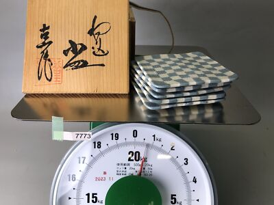 Y7773 DISH Seto-ware small plate set of 5 signed box Japan antique