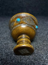 Collection Natural  Horn Cup Inlaid with Turquoise Collectible Ancient 1Pcs