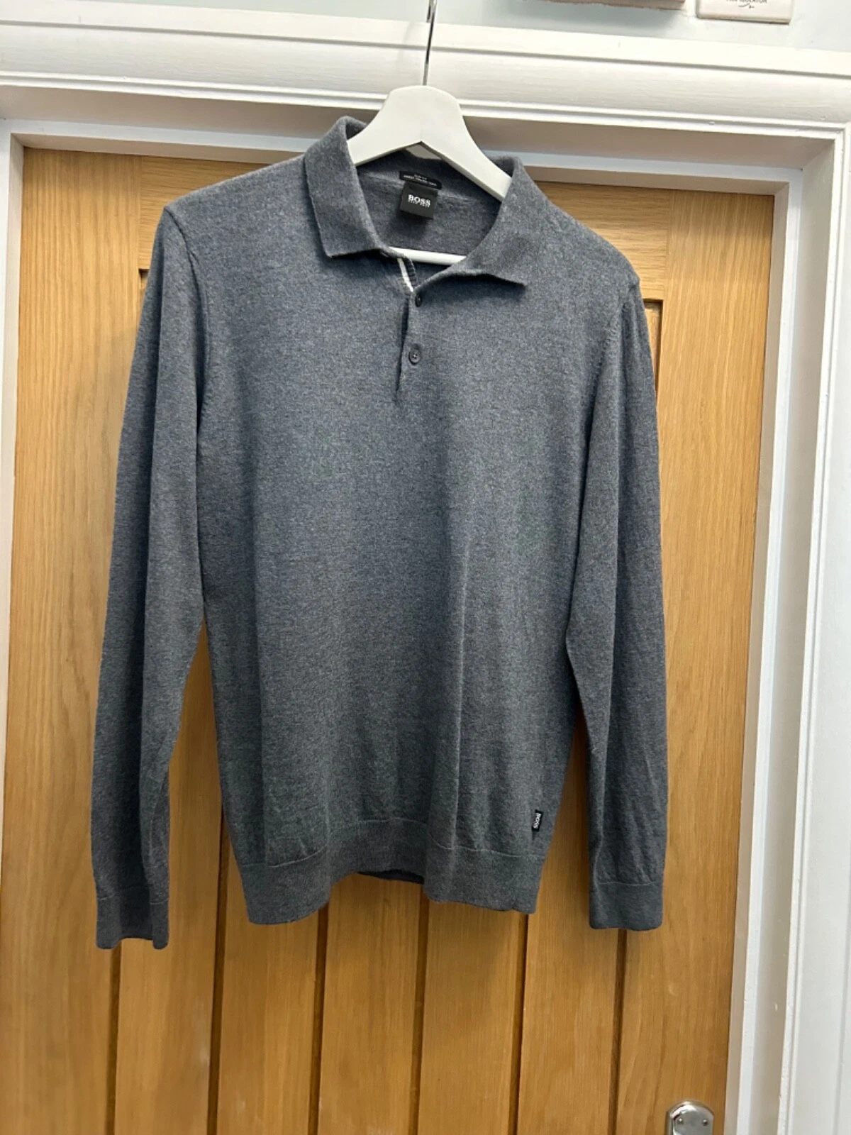 BOSS MENS POLO KNIT SLIM FIT ITALIAN YARN DARK GREY FIT LARGE