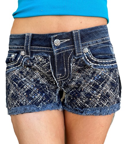 Miss Me Jeans Shorts Low Rise Diamond Festival Cut Off Frayed Jean Dark Short 26 - Picture 2 of 5