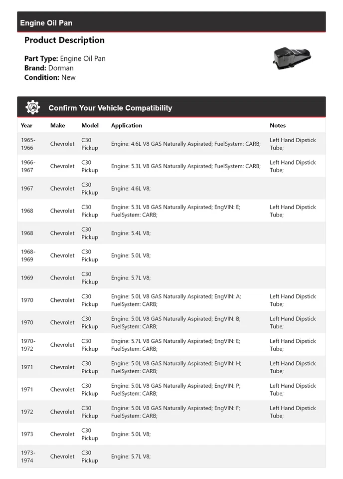 Para Chevrolet C30 1965-1974 camioneta motor Dorman cárter de aceite 1966 1967 1968 1969 Foto 2 de 4