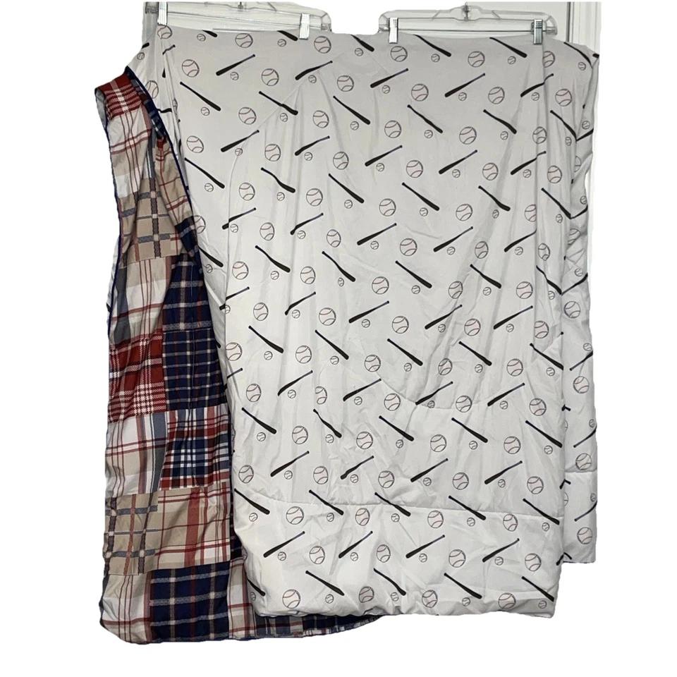 Colcha edredón retazos a cuadros pelotas de béisbol deportivas reversibles talla doble para niños Foto 2 de 4