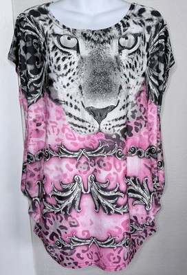 NWT Jonathan Martin Black white pink tiger print silver sparkles blouse Large