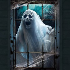Halloween Ghost Window Door Cover,Spooky Large Curtain with Rope Door Wall Cover
