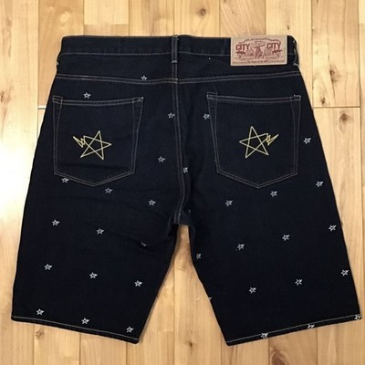 A Bathing Ape BAPE BAPESTA Embroidered Denim Star Shorts Pants size L Cotton