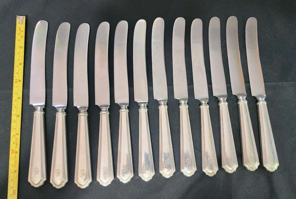 😎SET OF 12 c1923 WASHINGTON IRVING SILVERPLATE "9 5/8"OLD FRENCH HOLLOW KNIVES  - Image 2 of 4