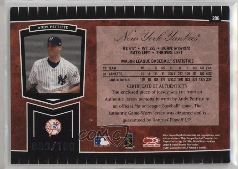 2004 Leaf Certified Cuts Marble Red Position Materials /100 Andy Pettitte #206 - Image 2 of 2