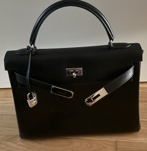 HERMES Kelly 32 Palladium Silver Handbag Box Calf Leather Used B