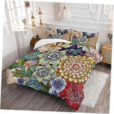 3 Piece Bedding Set,Colorful Flowers Comforter Set,Bohemian Full Boho Floral