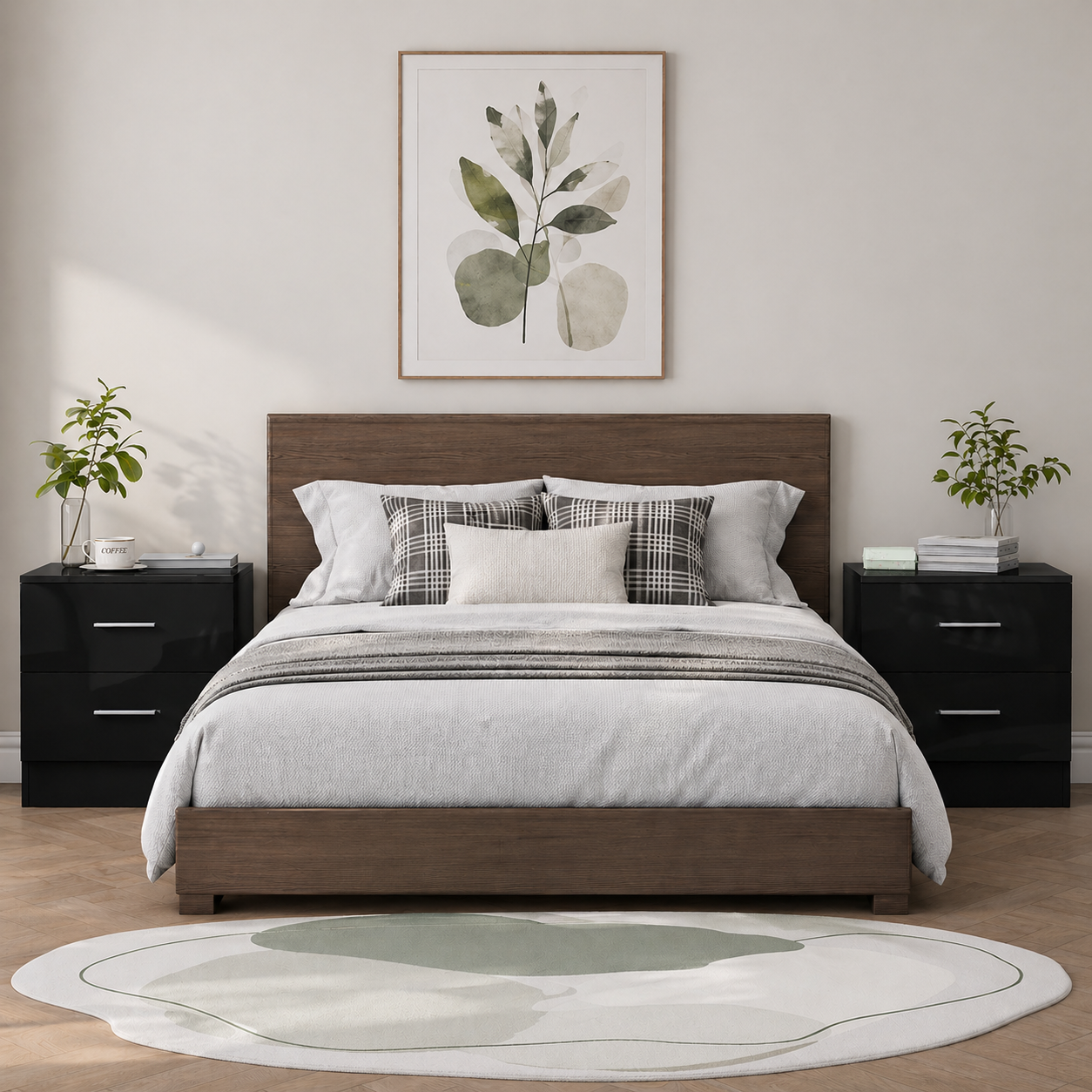 REFLECT 2 Drawer Bedsides (2pc) - Black Gloss Fronts & Black Oak Matt Carcass