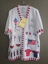 The Quacker Factory QVC 4th Of July Short Sleeve Sweater Womens L Red/White/Blue