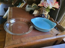 Vtg Bakeware Lot Pyrex 209 9? Clear Pie Plate & Turquoise Blue USA Casserole...