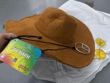 Spirit Hippie Set   Brown Hat, Yellow Sunglasses  Necklace, Boho Festival Style