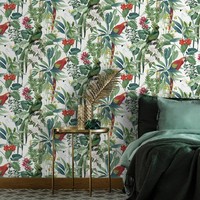 Ikala Tropical Weiß/Bunt AF0006 Exotische Blumen BläTter VöGel WOW Tapete