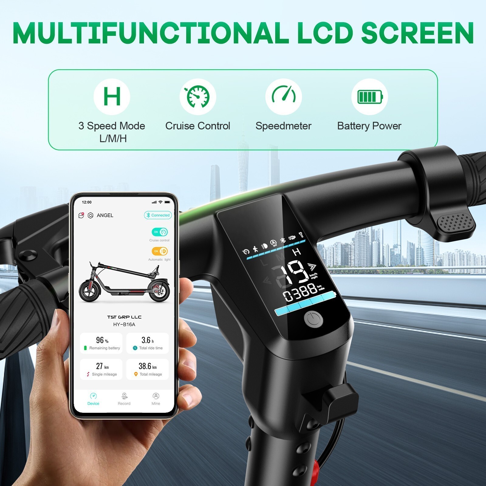 Peak 600W Electric Scooter Foldable 23MPH Disc Brake Scooter Commute LCD Display