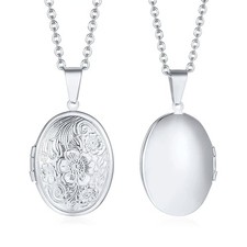 Delicate Floral Oval Heart Locket Necklace Stainless Steel Photo Keepsake Gift