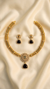 Authentic Asavari Gold Plated Feather Necklace Earrings Set Cubic Zirconia Wedding Bridal