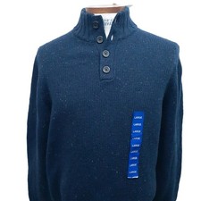 NWT Nautica Wool Blend 1/4 Button Pullover Knit Sweater Speckled Mens Blue Large