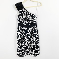Eliza J One Shoulder Dress Size 4 Black White Floral Pockets Sheath Lined