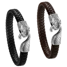 Men's Punk Biker Briaded Leather Stainless Steel Snake Head Bracelet Bangle Cuff