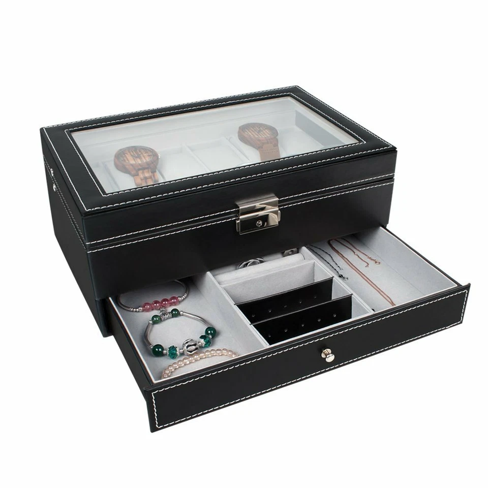 Caja de reloj organizador de exhibición de 12 ranuras tapa de vidrio almacenamiento de joyas regalo de Navidad nuevo Foto 2 de 4