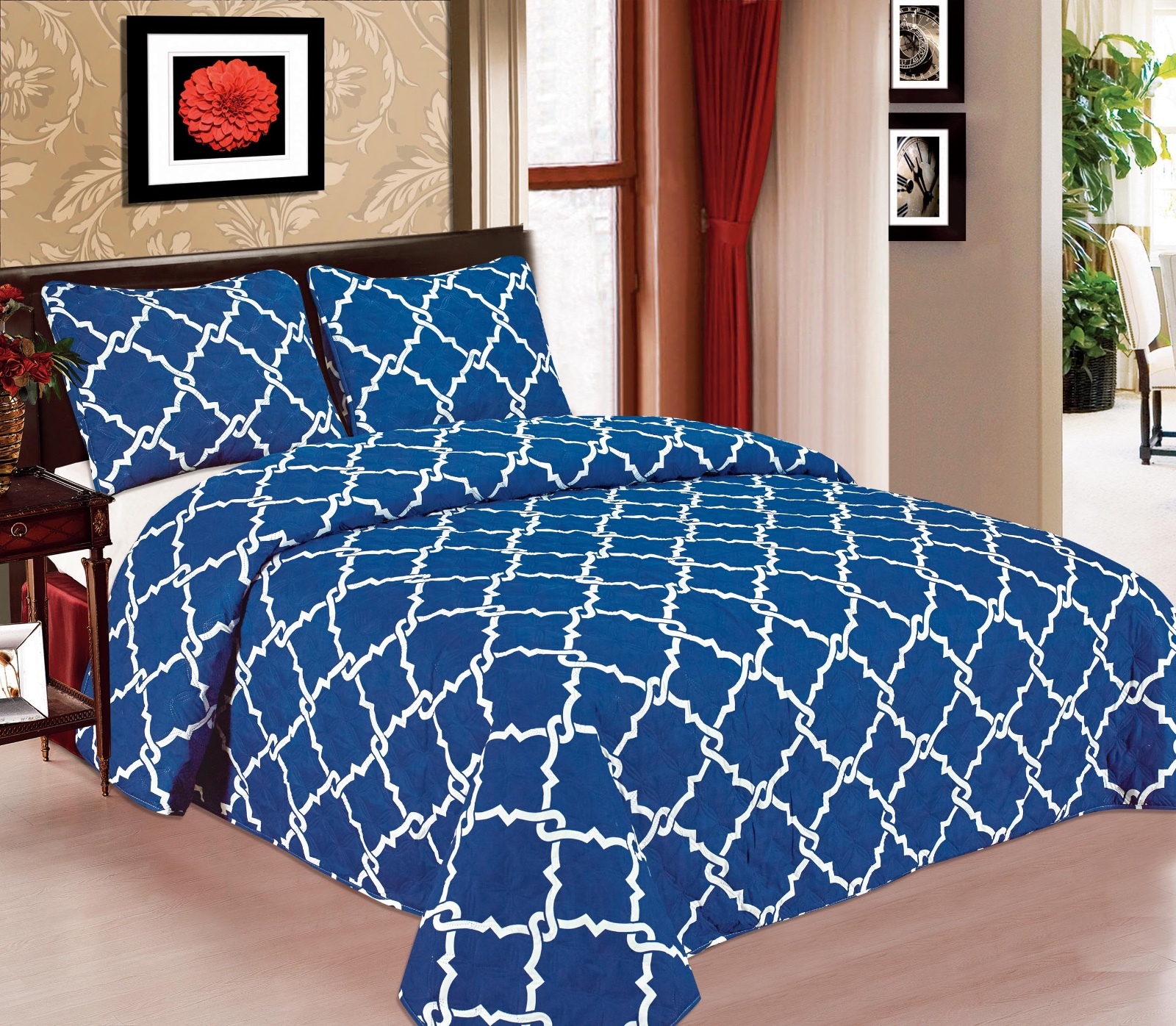 3 Piece Green Blue White Queen Quilt Set Geometric Pattern Themed Bedding Trendy For Sale Online Ebay