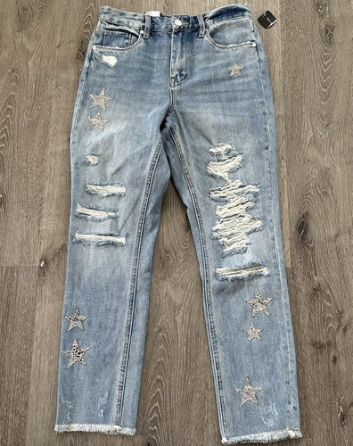 BlankNYC Jeans Women’s 27 The Ludlow Crop Girlfriend Raw Hem Distress Star Patch