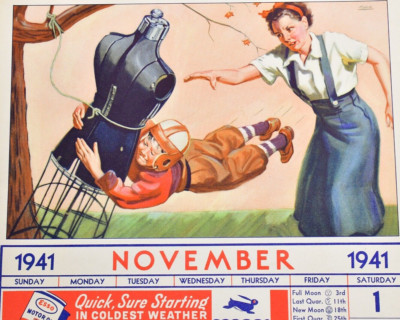 Esso Motor Oil Co 1941 Org Calendar Page November Football Boy Tackle Sports