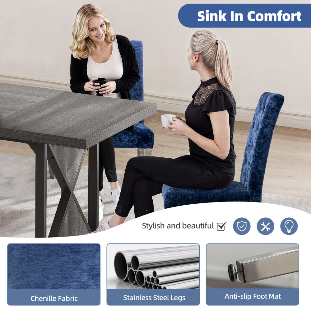 Set of 2 Modern Dining Chairs - Deep Blue Velvet with S-Shaped Spring Support