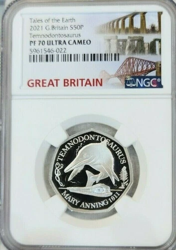2021 GREAT BRITAIN SILVER 50 PENCE TEMNODONTOSAURUS NGC PF 70 ULTRA CAMEO