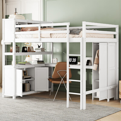 Full Size Loft Bed Wood Bed Frame with Desk & Wardrobe & Bookshelf & Cabinet