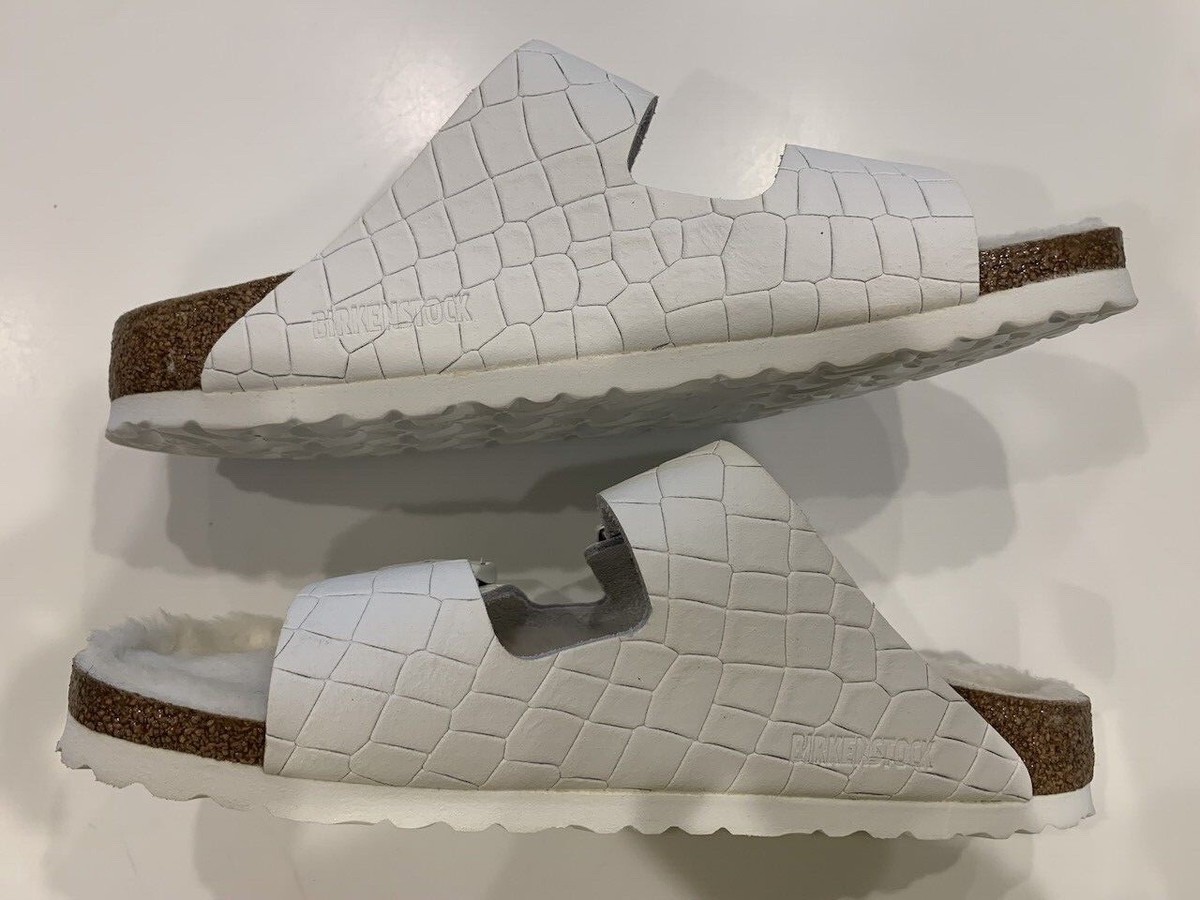 Birkenstock Arizona Shearling Croc Embossed Leather White Sandals