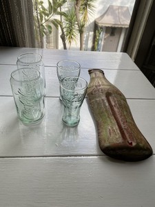 Four Coca Cola Glasses And Wall Thermometer