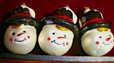 Lot (3) Vintage Glass Christmas Ornaments Snowmen Head Glitter Holiday Decor 620