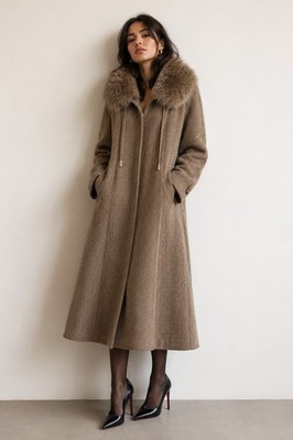 Baldin Brussels Alpaca Wool Long Coat Herringbone Fur Collar Brown size 22/24