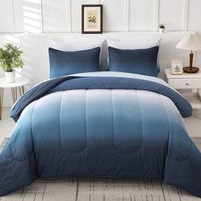 Gradient Blue White Comforter Set King Size 7 Pieces Ombre Navy Blue Bed in a...