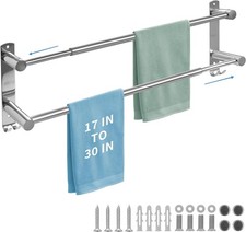 Adjustable Stainless Steel Double Towel Bar     17-30 Inch Bathroom Rack Silver